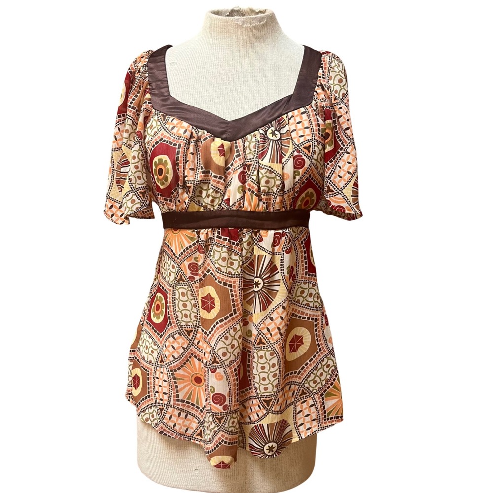 Babydoll Orange Brown Flutter Sleeve Blouse Top Geometric Mosaic Empire Waist M